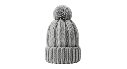 A cozy grey knitted winter beanie hat with a chunky ribbed texture, a folded cuff, and a fluffy pom-pom on top, perfect for cold weather and seasonal fashion