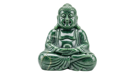 A beautifully carved green jade statue of a smiling and laughing Buddha sitting in a meditative pose, representing peace, happiness, and spiritual enlightenment