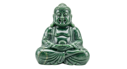 A beautifully carved green jade statue of a smiling and laughing Buddha sitting in a meditative pose, representing peace, happiness, and spiritual enlightenment