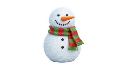 A cheerful snowman with a carrot nose and a festive red and green striped scarf smiles happily, featuring a detailed frosty texture and a classic winter holiday design