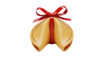 A golden fortune cookie tied with a beautiful red satin ribbon bow, symbolizing a gift of luck, destiny, and celebration for a special occasion or holiday