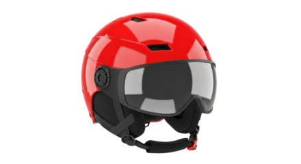 Sleek and glossy red winter sports helmet with a built-in protective visor, adjustable chin strap, and soft ear pads, designed for skiing and snowboarding