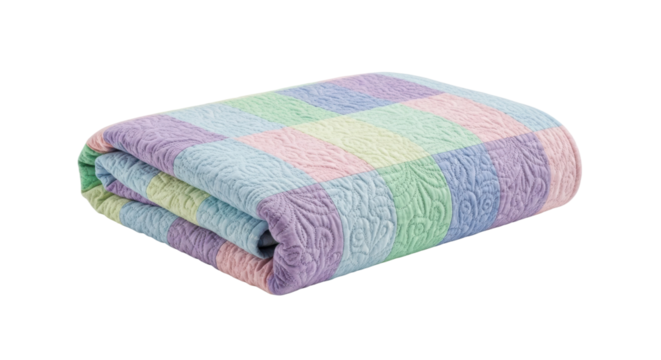A cozy, folded bedspread with a colorful patchwork design of pastel squares, showcasing intricate quilted stitching and a soft, plush texture perfect for a comfortable bedroom