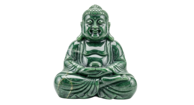 A beautifully carved green jade statue of a smiling and laughing Buddha sitting in a meditative pose, representing peace, happiness, and spiritual enlightenment
