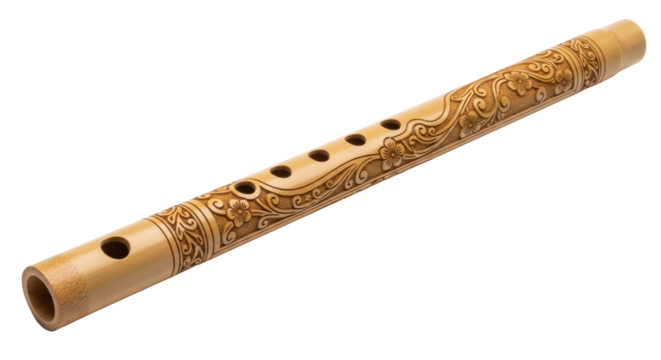 An ethnic bamboo flute featuring exquisite carved floral ornamentation and swirls, a traditional woodwind musical instrument for folk melody, captured in a detailed studio view