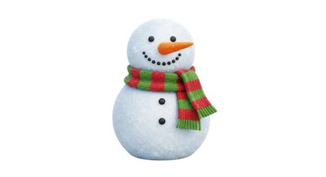 A cheerful snowman with a carrot nose and a festive red and green striped scarf smiles happily, featuring a detailed frosty texture and a classic winter holiday design