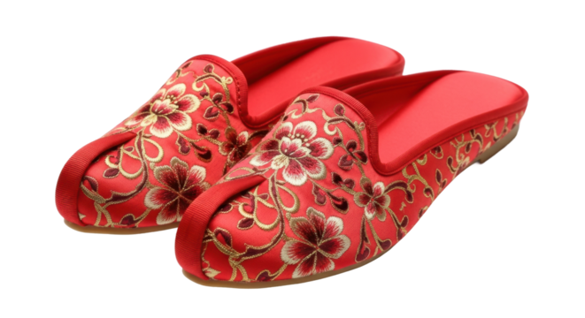 Elegant red satin mules adorned with intricate floral embroidery in gold, white, and maroon thread, showcasing detailed traditional craftsmanship and festive style