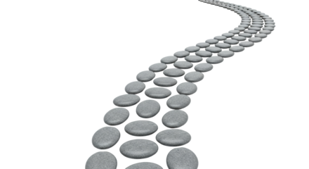 Three rows of smooth, round grey stones form a winding pathway that disappears into the distance, symbolizing a journey, progress, and a strategic direction