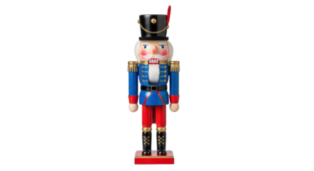 A traditional wooden nutcracker soldier in a classic blue and red uniform with a tall black hat, a festive holiday figurine representing the Christmas spirit and tradition