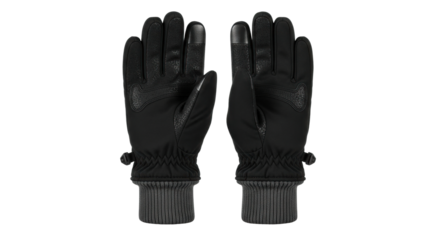 A pair of modern black winter gloves with touchscreen compatible fingertips, textured non-slip palms for enhanced grip, and warm grey knitted cuffs for cold weather