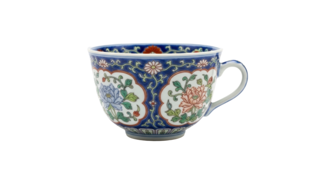 A beautiful antique porcelain teacup decorated with an intricate, hand-painted floral pattern featuring blue and pink peonies with green leaves and a decorative border