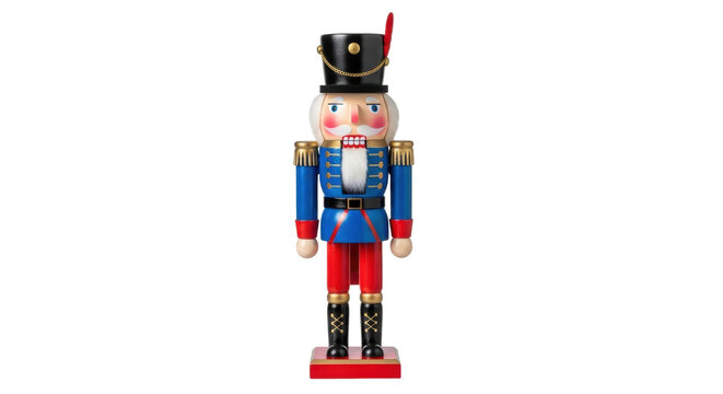 A traditional wooden nutcracker soldier in a classic blue and red uniform with a tall black hat, a festive holiday figurine representing the Christmas spirit and tradition