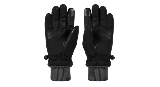 A pair of modern black winter gloves with touchscreen compatible fingertips, textured non-slip palms for enhanced grip, and warm grey knitted cuffs for cold weather