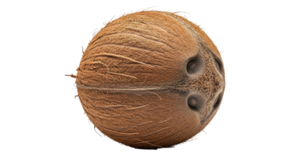 A single whole tropical coconut with its rough brown fibrous shell and characteristic three germination pores, captured in a detailed and textured studio photograph