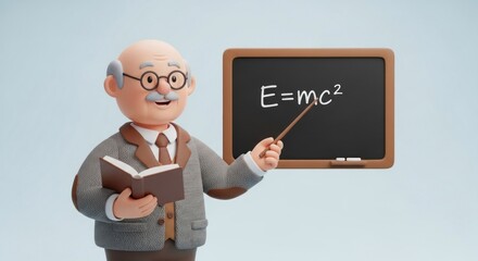 A cartoonish, elderly man with a mustache and glasses standing in front of a blackboard with the equation E=mc? written on it.