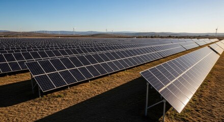 A large solar panel array with multiple rows of solar panels in a field under a clear blue sky with a few scattered clouds.