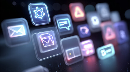 Naklejka premium Multi-app futuristic holographic icons grouped dashboard visualization. 