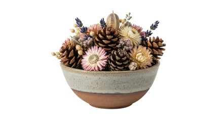 A beautiful arrangement of dried flowers, pinecones, and seed pods in a rustic handmade ceramic bowl, creating a cozy and natural decorative centerpiece