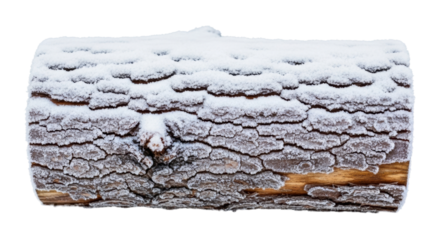 A natural wooden log with deeply textured, coarse bark is covered in a thick blanket of fresh white snow, showcasing the intricate patterns of the wood and ice crystals