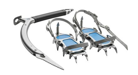 Essential mountaineering equipment for ice climbing and alpinism, featuring a technical ice axe and a pair of sharp metal crampons with adjustable straps