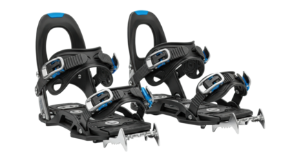 Professional splitboard bindings in black with blue accents, showcasing the touring crampons, ankle straps, and high-performance design for backcountry snowboarding
