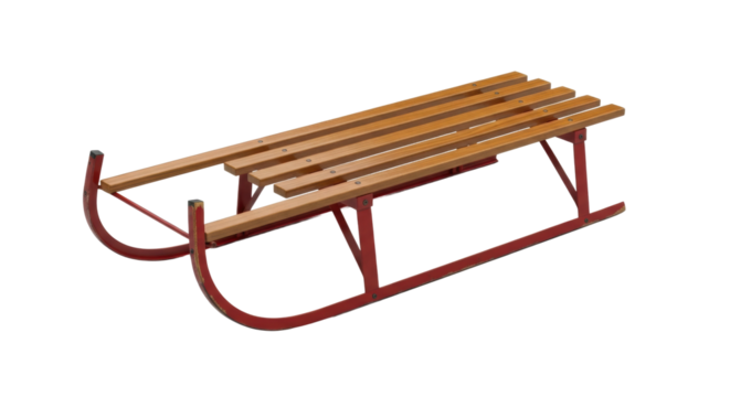 A retro-style wooden sled with a sturdy red metal frame and runners, capturing a nostalgic feeling of traditional childhood winter activities and snowy adventures