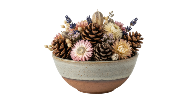 A beautiful arrangement of dried flowers, pinecones, and seed pods in a rustic handmade ceramic bowl, creating a cozy and natural decorative centerpiece