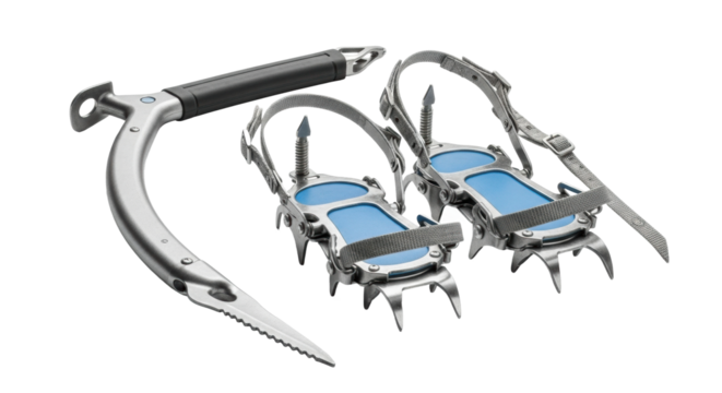 Essential mountaineering equipment for ice climbing and alpinism, featuring a technical ice axe and a pair of sharp metal crampons with adjustable straps