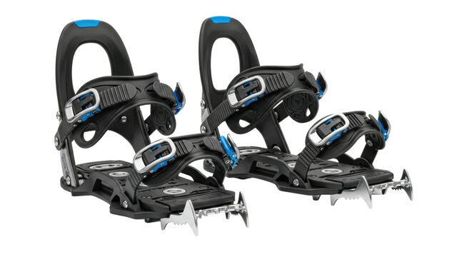Professional splitboard bindings in black with blue accents, showcasing the touring crampons, ankle straps, and high-performance design for backcountry snowboarding