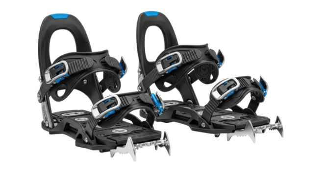 Professional splitboard bindings in black with blue accents, showcasing the touring crampons, ankle straps, and high-performance design for backcountry snowboarding