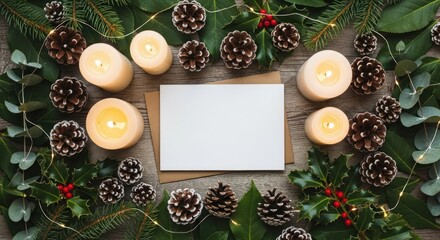 Blank card surrounded by pine cones, leaves, and candles.