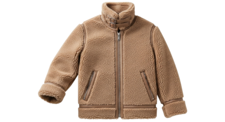 A stylish beige shearling aviator jacket with a high collar, double buckle straps, and leather trim details, showcasing a cozy and warm winter fashion essential