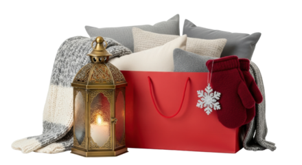 A cozy winter still life with a glowing vintage lantern, a red gift bag filled with soft pillows, a chunky knit blanket, and warm red mittens with a snowflake ornament