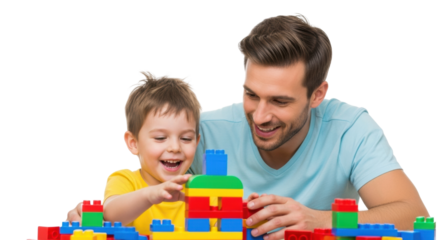 A smiling young father and his laughing preschool son enjoy quality time together, constructing a colorful structure with interlocking toy bricks