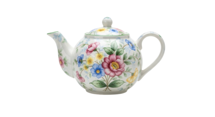 A classic vintage-style ceramic teapot with a lid, featuring a delicate and colorful hand-painted floral pattern with pink, blue, and yellow flowers and green leaves