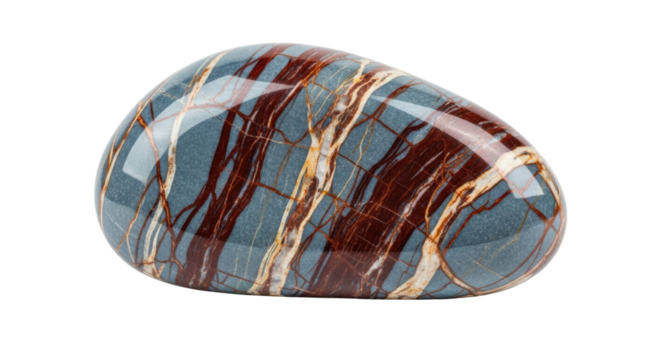 A polished jasper gemstone with a glossy, reflective surface, showcasing intricate natural patterns of reddish-brown, cream, and yellow veins on a blue-gray mineral