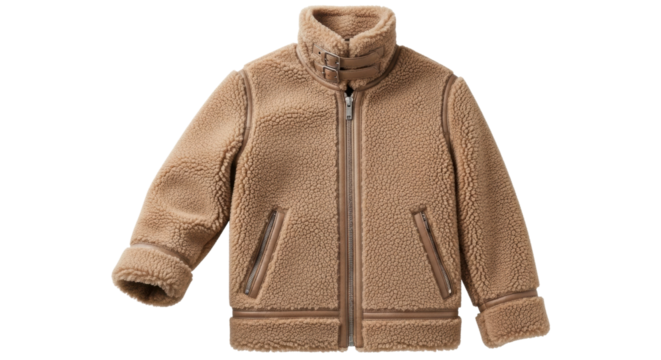 A stylish beige shearling aviator jacket with a high collar, double buckle straps, and leather trim details, showcasing a cozy and warm winter fashion essential