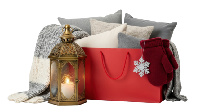 A cozy winter still life with a glowing vintage lantern, a red gift bag filled with soft pillows, a chunky knit blanket, and warm red mittens with a snowflake ornament