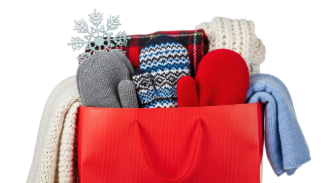 A collection of cozy winter clothing, including colorful knitted mittens, warm scarves, and a plaid blanket, overflows from a red shopping bag with a decorative snowflake