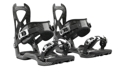 A pair of modern carbon fiber snowboard bindings with a high-tech design and metallic buckles, showcasing professional winter sports equipment for extreme performance