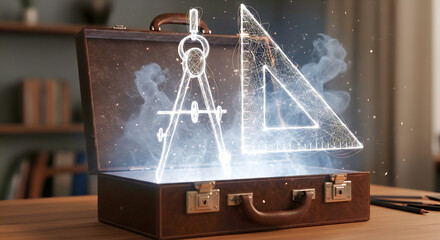 A futuristic scene showing glowing holographic drafting tools such as a compass and triangle emerging from an open briefcase, symbolizing modern design education, creativity
