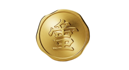 A luxurious golden wax seal with an embossed traditional Asian character, featuring a detailed metallic texture and elegant, soft lighting in a detailed macro perspective