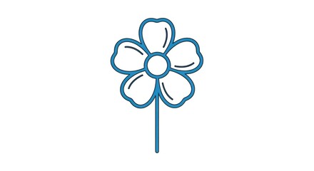 A blue and white flower with a yellow center, surrounded by a green stem, against a white background.