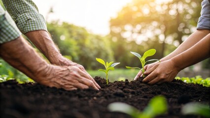 Hands planting young plants together in garden with sunlight