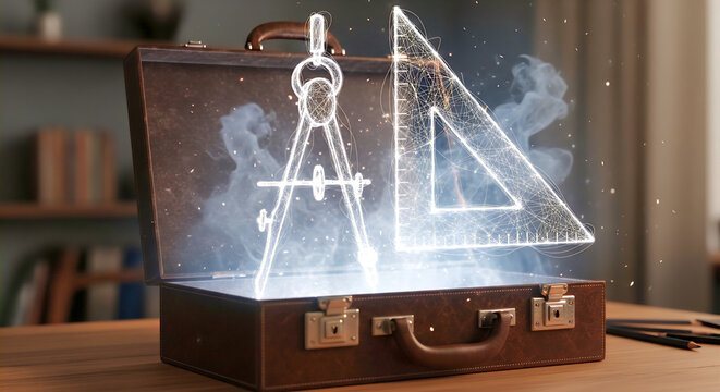 A futuristic scene showing glowing holographic drafting tools such as a compass and triangle emerging from an open briefcase, symbolizing modern design education, creativity