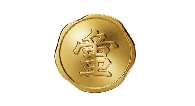 A luxurious golden wax seal with an embossed traditional Asian character, featuring a detailed metallic texture and elegant, soft lighting in a detailed macro perspective