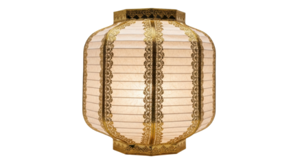 An ornate traditional paper lantern with intricate golden filigree details and a warm, soft internal glow, showcasing elegant Asian craftsmanship and cultural decoration