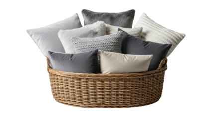 An assortment of soft, textured throw pillows in shades of grey and cream, including faux fur and knitted designs, neatly arranged inside a natural woven wicker basket