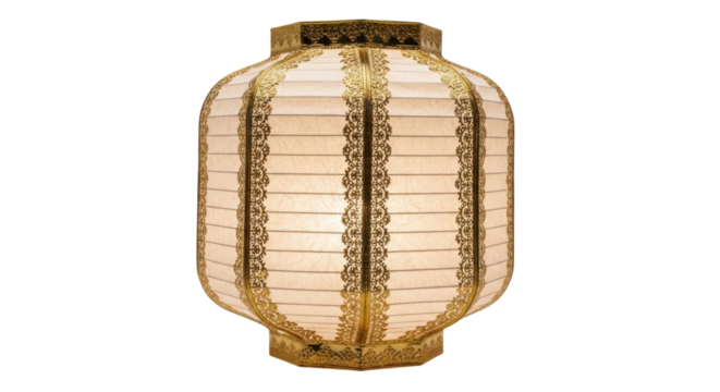 An ornate traditional paper lantern with intricate golden filigree details and a warm, soft internal glow, showcasing elegant Asian craftsmanship and cultural decoration
