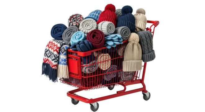 A bright red shopping trolley is completely filled with a large variety of knitted winter accessories, including colorful pom-pom hats, rolled scarves, and warm gloves
